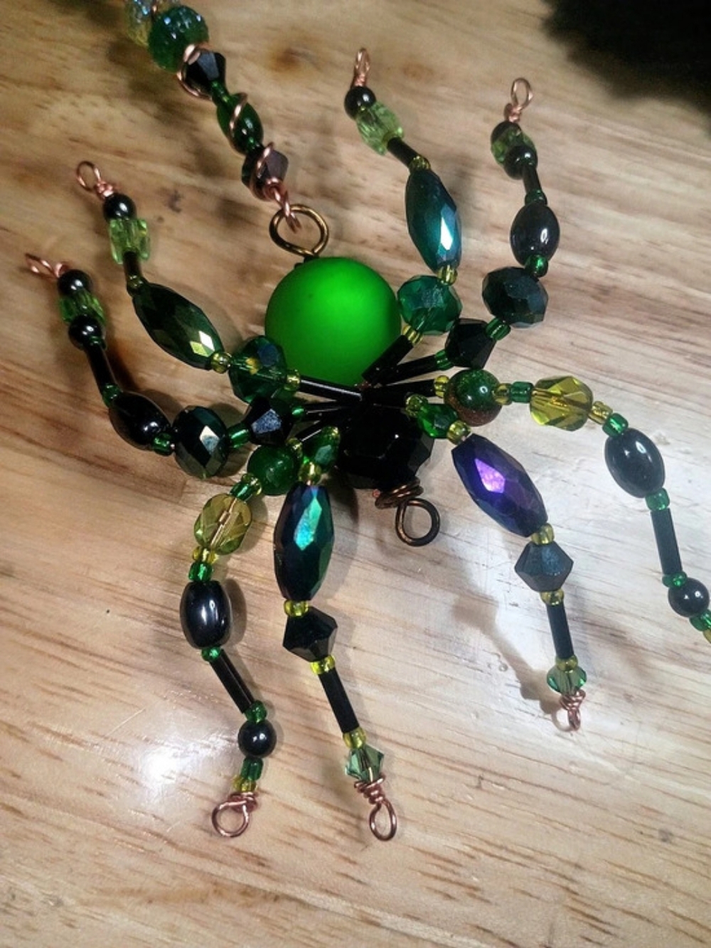 Green Beaded Spider Ornament/ Hanging Decor.